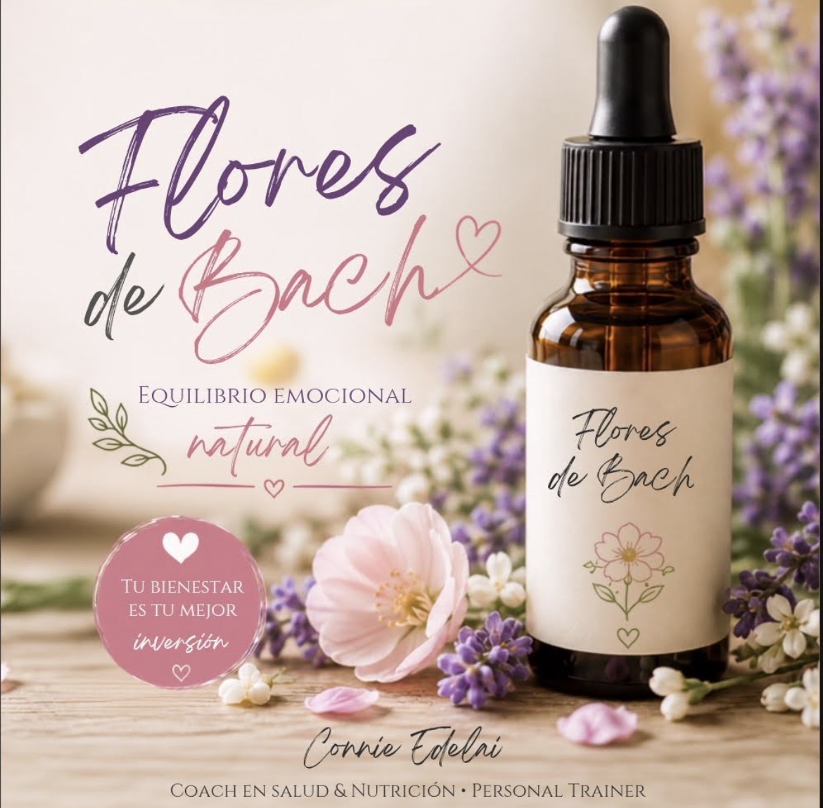 Frasco de Flores de Bach rodeado de flores