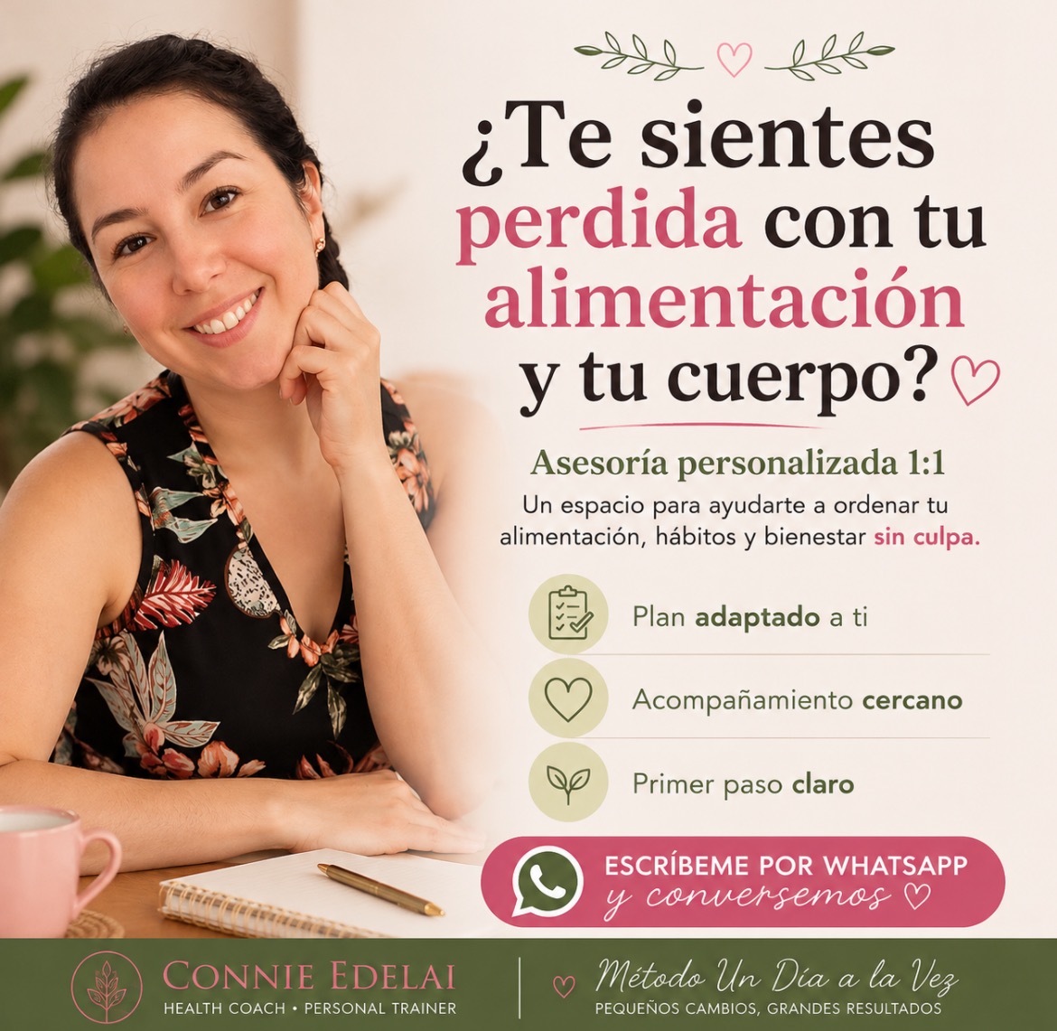 Connie Edelai junto al titular “¿Te sientes perdida con tu alimentación y tu cuerpo?”